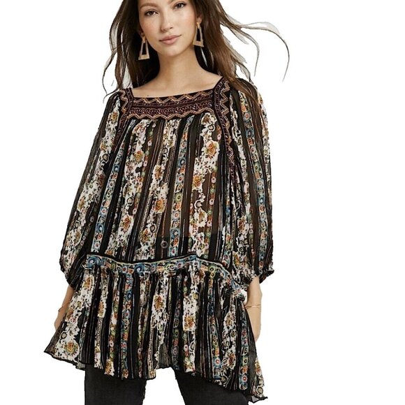 Free People Dance Magic Boho Sheer Top Tunic Blouse Women Size S Glittered - Picture 1 of 12